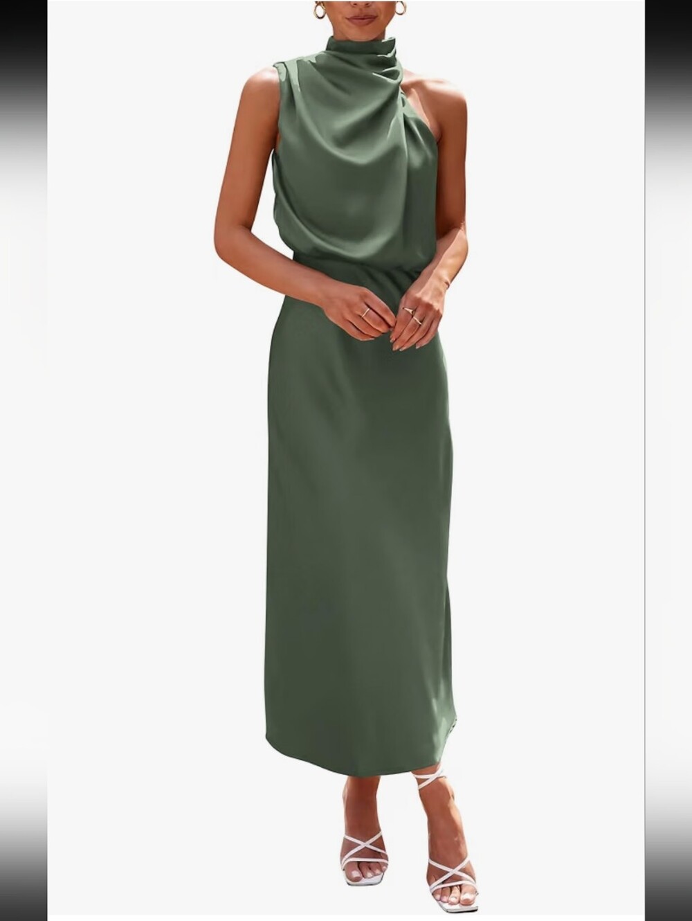 Sleeveless Draped Mock Neck Maxi Asymmetrical Coctail Dress - Olive Green Sz S